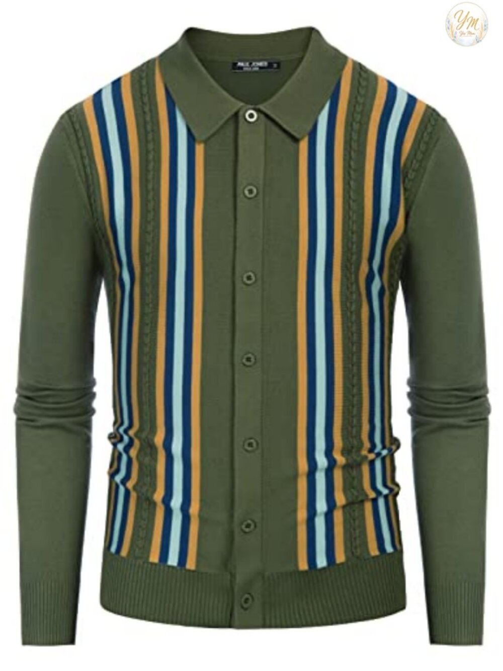 Mens Vintage Striped Knit Cardigan Sweater Button Down Long Sleeve